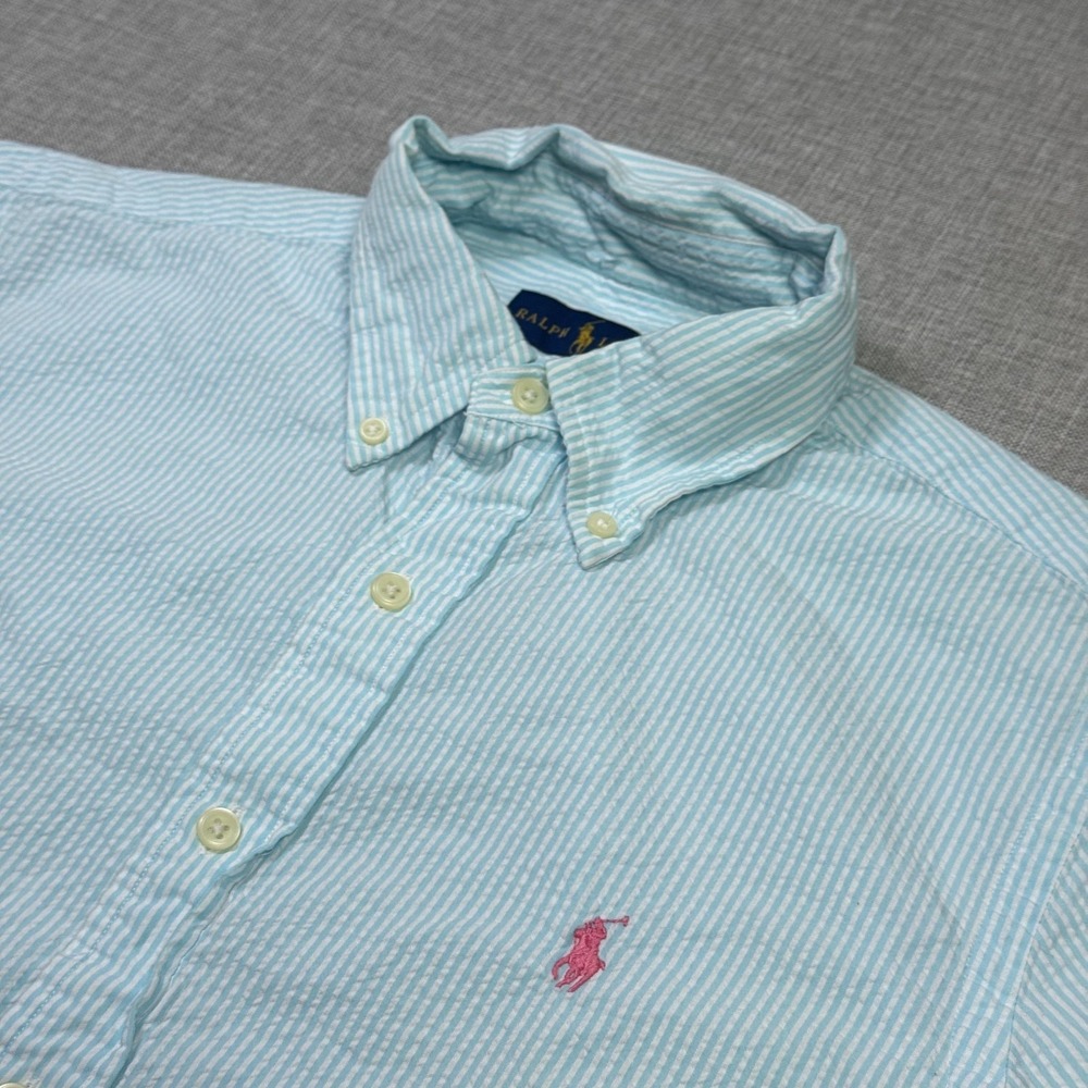 Ralph Lauren Seersucker Button-Down Shirt Men S Blue Striped Short Sleeve Cotton